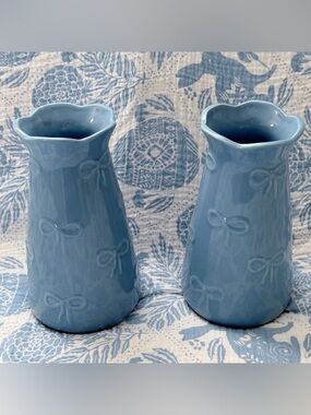 Blue Bow Ceramic Vases Set of 2 | Cottagecore Coquette Decor | Floral Vase Set